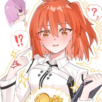 Rule 34 | !?, 2girls, ?, ??, after time valentine 2026, ahoge, blush, command spell, commentary request, fate/grand order, fate (series), fujimaru ritsuka (female), fujimaru ritsuka (female) (normal chaldea uniform), highres, jacket, mash kyrielight, medium hair, multiple girls, orange eyes, orange hair, riyo (lyomsnpmp) (style), spoken question mark, sweat, t maguo, valentine, white jacket