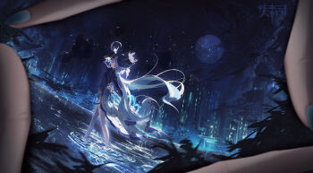 Rule 34 | 1girl, absurdres, arm up, back, black coat, blue cape, blue coat, blue hair, blue nails, bow, cape, capelet, city lights, closed eyes, coat, commentary request, crying, dancing, dress, finger frame, fingernails, floating hair, formal clothes, frilled bow, frilled capelet, frilled dress, frilled shirt collar, frilled sleeves, frills, from behind, from side, full body, full moon, furina (genshin impact), genshin impact, gradient hair, hamon, hand up, hat, head tilt, highres, holding, holding sword, holding weapon, in water, jacket, lake, long hair, long sleeves, moon, multicolored hair, nail polish, night, no shoes, outdoors, pantyhose, plant, reflection, ripples, short hair, shorts, solo, spooning, star (sky), streaming tears, suit, suit jacket, sushispin, sword, teardrop, tearing up, tears, thighhighs, tree, twintails, viewfinder, waist cape, water drop, water drop hair ornament, water drop legwear, water drop print, weapon, white hair, white pantyhose