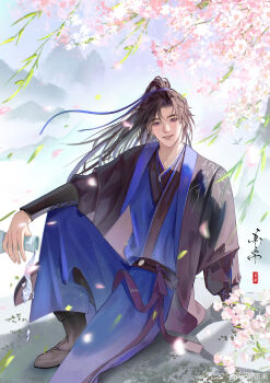 1boy absurdres arm_on_knee black_boots black_hair black_pants black_robe black_sash blue_hanfu blue_ribbon boots bottle chinese_clothes chinese_commentary duplicate erha_he_ta_de_bai_mao_shizun falling_leaves falling_petals flower foot_out_of_frame hair_ribbon hanfu high_ponytail highres holding holding_bottle leaf long_hair long_sleeves looking_at_viewer male_focus mo_ran mountain pants petals pink_flower pink_petals ponytail purple_eyes ribbon robe sash sitting smile solo spilling watermark weibo_watermark wind wind_lift xiaoxiao_li