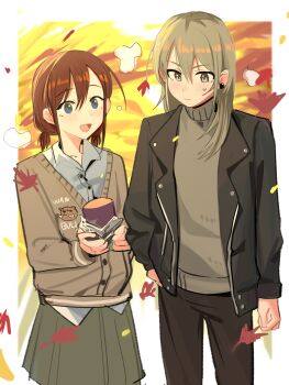 2girls black_jacket black_pants blue_eyes blush border brown_hair brown_sweater chinese_commentary closed_mouth collared_shirt commentary dress_shirt earclip food girls_band_cry grey_eyes grey_hair grey_skirt haidao_mao hair_between_eyes highres iseri_nina jacket kawaragi_momoka long_hair long_sleeves low_twintails multiple_girls open_clothes open_jacket outside_border pants pleated_skirt roasted_sweet_potato school_uniform shirt short_hair short_twintails skirt sweatdrop sweater sweet_potato twintails white_border white_shirt