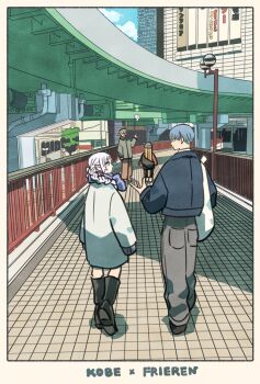 1girl 3boys bag black_boots black_jacket blonde_hair blue_hair blue_scarf boots braid brown_pantyhose city coat contemporary dwarf earrings eisen_(sousou_no_frieren) elf frieren full_body glasses grey_coat grey_hat grey_pants hair_over_shoulder hat height_difference heiter highres himmel_(sousou_no_frieren) jacket jewelry lamppost long_hair looking_at_another multiple_boys outdoors pants pantyhose parted_bangs pointy_ears scarf short_hair shoulder_bag sousou_no_frieren takeuchi_ryousuke white_coat