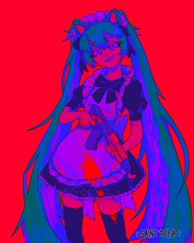 Rule 34 | 1girl, animal ears, apron, assault rifle, blood, blood on clothes, blood on gun, cat ears, cat girl, cat tail, crazy, crazy eyes, gun, hatsune miku, highres, holding, holding gun, holding weapon, maid, maid apron, maid headdress, red background, rifle, sainttufa, simple background, tail, twintails, vocaloid, weapon
