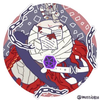 3boys aleph_(reverse:1999) bandaged_head bandages black_gloves black_hat black_mask chain chibi closed_eyes covered_face cracked_mask dice facing_viewer gloves grey_background hat highres holding holding_paper long_hair male_focus merlin_(reverse:1999) mossi_(mossi0816) multiple_boys multiple_persona paper polyhedral_dice red_gloves red_hair reverse:1999 round_image shirt the_idealist_(reverse:1999) twitter_username upper_body white_mask white_shirt x_mouth