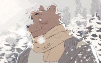 1boy animal_ears bear_boy bear_ears brown_scarf closed_mouth ernest_&amp;_celestine ernest_(ernest_&amp;_celestine) furry furry_male grey_jacket hashtag-only_commentary highres jacket looking_to_the_side male_focus scarf smile snow snow_on_tree torn_clothes upper_body wasp_(anthyutena)