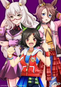 3girls absurdres animal_ears artist_name asymmetrical_clothes asymmetrical_footwear asymmetrical_pants bandaid bandaid_on_cheek bandaid_on_face bandeau biwa_hayahide_(pf._winning_equation...)_(umamusume) biwa_hayahide_(umamusume) black_hair black_shirt black_shorts black_thighhighs blue_bandeau blue_eyes blue_sports_bra blush bnw_(umamusume) bow bowtie breasts brown_hair clothes_around_waist clothing_cutout collared_shirt commentary_request denim ear_ornament fur-trimmed_jacket fur_trim garter_straps glasses grey_hair hair_between_eyes hair_ornament hairclip highres hip_vent hood hoodie horse_ears horse_girl horse_tail horseshoe jacket jacket_around_waist jeans juliet_sleeves konsu_(konsu1182da) long_hair long_sleeves looking_at_viewer low-cut_armhole midriff mismatched_footwear multiple_girls narita_taishin_(nevertheless)_(umamusume) narita_taishin_(umamusume) navel open_mouth overskirt pants pink_jacket puffy_sleeves purple_jacket purple_skirt red-framed_eyewear red_bow red_bowtie red_eyes red_jacket semi-rimless_eyewear shirt shoes short_hair shorts simple_background single_pantsleg skirt sleeveless sleeveless_hoodie sleeveless_jacket smile sports_bra swept_bangs tail tank_top thighhighs tied_shirt torn_clothes torn_jeans torn_pants umamusume under-rim_eyewear white_background winning_ticket_(get_to_winning!)_(umamusume) winning_ticket_(umamusume) wristband yellow_eyes yellow_shirt yellow_tank_top