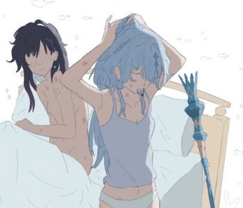 2girls aftersex alternate_costume armpits arms_up artist_name bare_shoulders bite_mark black_hair blanket blue_hair blush breasts cerydra_(honkai:_star_rail) closed_eyes closed_mouth collarbone colored_inner_hair commentary completely_nude earrings english_commentary grey_hair hair_ornament headpiece hickey high_ponytail holding holding_own_hair holding_pillow honkai:_star_rail honkai_(series) hysilens_(honkai:_star_rail) jewelry korshokor long_hair multicolored_hair multiple_girls navel no_eyes nude on_bed panties pearl_earrings pillow ponytail scepter sidelocks simple_background single_earring sitting small_breasts standing sweat tank_top tying_hair underwear v-shaped_eyebrows white_background white_panties white_tank_top x_hair_ornament yuri