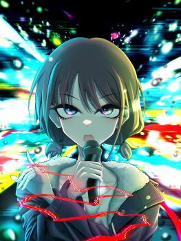 1girl absurdres blue_eyes blue_jacket brown_hair chinese_commentary colorful_background commentary_request girls_band_cry highres holding holding_microphone iseri_nina jacket jo8blhrvkta6duw looking_at_viewer low_twintails microphone open_mouth pinky_out short_hair short_twintails solo string string_of_fate teeth twintails upper_body upper_teeth_only