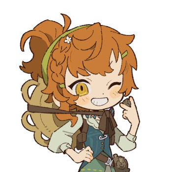 1girl between_fingers blue_vest brown_hat chibi crucible dice green_hairband grin hairband hand_on_own_hip hand_up hat hat_on_back holding holding_dice holster long_hair long_sleeves looking_at_viewer lopera_(reverse:1999) official_art one_eye_closed one_side_up orange_eyes orange_hair reverse:1999 safety_pin shirt shoulder_holster smile solo straw_hat teeth upper_body vest white_background white_shirt
