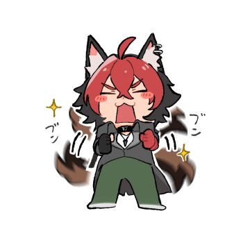 1boy afterimage animal_ear_piercing animal_ears arms_up black_hair black_shirt blush_stickers clenched_hand closed_eyes collared_shirt commentary_request crossed_bangs deformed double-parted_bangs green_pants highres komano_manato male_focus motion_lines onisotohukuuti open_mouth pants piercing red_hair shirt simple_background solo sparkle standing tail tail_wagging white_background zenless_zone_zero
