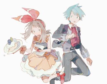 1boy 1girl :o absurdres alternate_costume bare_shoulders black_jacket black_pants blue_eyes blue_hair bow bow_hairband brown_eyes brown_hair cake ciuchviicuq clenched_hands dress food hair_bow hairband highres holding holding_plate jacket long_sleeves may_(pokemon) necktie nintendo open_clothes open_jacket orange_dress pants plate pokemon pokemon_oras red_bow red_hairband red_necktie red_shoes shoes short_hair sleeveless sleeveless_dress steven_stone sweatdrop waitress white_background
