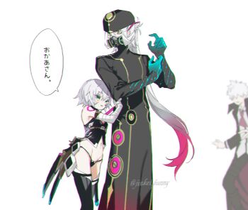1girl 2boys asclepius_(fate) asclepius_(second_ascension)_(fate) bandaged_arm bandages black_panties black_robe black_shirt black_thighhighs charles-henri_sanson_(fate) chromatic_aberration fate/grand_order fate_(series) gradient_hair green_eyes hat heavy_chromatic_aberration hug jack_the_ripper_(fate/apocrypha) jinkei jitome long_hair mask multicolored_hair multiple_boys panties parted_lips robe shirt speech_bubble thighhighs translation_request twitter_username underwear very_long_hair white_hair