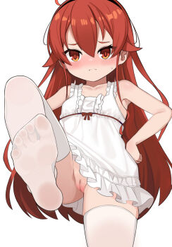1girl ahoge black_hairband blush censored center_frills closed_mouth collarbone commentary_request dress eris_greyrat feet foot_focus frilled_dress frills full_body hair_between_eyes hair_flaps hairband hands_on_own_hips highres loli mosaic_censoring mushoku_tensei no_panties no_shoes nose_blush pussy red_eyes red_hair simple_background sleeveless sleeveless_dress small_sweatdrop soles solo standing standing_on_one_leg surio sweat thighhighs toes white_background white_dress white_thighhighs