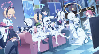 6+girls animal_ear_headphones animal_ears aqua_halo aris_(blue_archive) bandaged_hand bandages black_hair black_hairband black_mask black_skirt black_thighhighs blindfold blonde_hair blue_archive blue_necktie cat_ear_headphones cat_ears checkered_floor clenched_teeth colored_skin controller couch covered_eyes double-parted_bangs ein_(blue_archive) fake_animal_ears forehead game_controller game_development_department_(blue_archive) green_halo hair_between_eyes hair_over_one_eye hairband halo headphones highres holding holding_controller holding_game_controller indoors jacket kei_(blue_archive) kei_(student)_(blue_archive) long_hair long_hair_between_eyes low-tied_sidelocks malkuth_(blue_archive) mask meruki momoi_(blue_archive) monitor multicolored_jacket multiple_girls necktie ohr_(blue_archive) on_couch one_side_up open_mouth orange_halo pink_eyes pink_halo power_symbol rectangular_halo red_hair respirator ringed_eyes short_hair siblings sidelocks sisters sitting skirt sof_(blue_archive) symbol-shaped_pupils teeth thighhighs triplets twins two-tone_jacket white_hair white_jacket white_skin x-shaped_pupils yellow_eyes yellow_halo yuzu_(blue_archive)