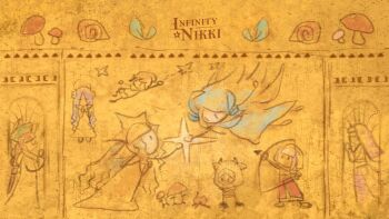 6+girls animal arrow_(projectile) artist_request black_eyes blunt_bangs bow_(weapon) braid clothed_animal commentary copyright_logo drawing_bow english_commentary floating floating_clothes floating_hair highres holding holding_arrow holding_bow_(weapon) holding_weapon infinity_nikki layered_skirt logo long_skirt low_twin_braids momo_(nikki) multiple_girls mushroom nikki_(nikki) nikki_(series) official_art pink_hair praying reaching red_skirt second-party_source shell short_hair skirt solid_oval_eyes star_(symbol) stick_figure twin_braids weapon white_skirt window yellow_background