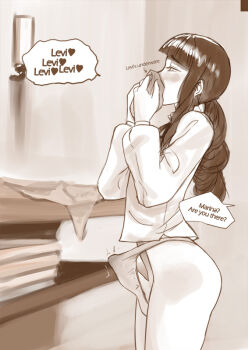1futa blunt_bangs blush bulge commentary cowboy_shot elleciel.eud english_text engrish_text erection erection_under_clothes fear_&amp;_hunger fear_&amp;_hunger_(series) fear_&amp;_hunger_2:_termina frilled_shirt_collar frills from_side futanari levi_(fear_&amp;_hunger) long_hair long_sleeves marina_(fear_&amp;_hunger) no_pants out_of_frame panties precum precum_through_clothes ranguage sepia shirt smelling smelling_clothes smelling_underwear speech_bubble standing uncensored underwear