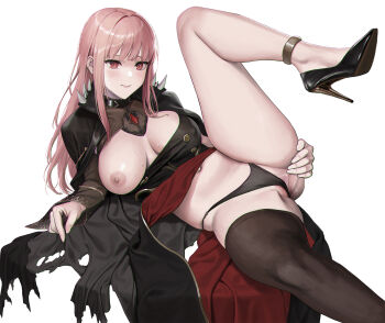 1girl anklet black_cape black_dress black_panties breasts cape closed_mouth clothes_lift dress dress_lift female_pubic_hair half-spread_pussy high_heels highres hololive hololive_english jeneral jewelry large_breasts long_hair lying mori_calliope mori_calliope_(1st_costume) navel nipples on_back panties partially_visible_vulva pink_hair pubic_hair pubic_hair_peek pussy red_eyes single_thighhigh skindentation solo spikes spread_legs spread_pussy spread_pussy_under_clothes spreading_own_pussy stomach thighhighs thighs torn_cape torn_clothes underwear virtual_youtuber