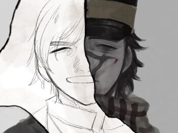 1boy =_= age_comparison black_hair blood blood_on_face empty_eyes facial_scar golden_kamuy greyscale hat highres kepi looking_at_viewer male_focus military_hat monochrome official_alternate_hairstyle portrait scar scar_on_cheek scar_on_face scar_on_nose short_hair simple_background split_screen straight-on sugimoto_saichi symbolism yuyunn_4694