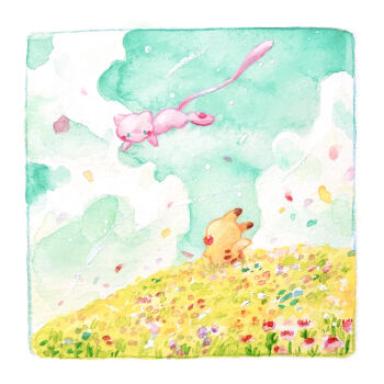 acrylic_paint_(medium) border cloud commentary_request flower flying gen_1_pokemon highres hill legendary_pokemon looking_at_another mew_(pokemon) mythical_pokemon nintendo no_humans painting_(medium) petals pikachu pokemon pokemon_(creature) traditional_media watercolor_(medium) white_border yukichi_0611