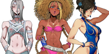 3girls a.k.i._(street_fighter) bikini blonde_hair breasts brown_hair cammy_white can capcom chun-li cleavage dark-skinned_female dark_skin grey_hair highres holding holding_can multiple_girls nipples pink_bikini pink_lips smile street_fighter street_fighter_6 swallowszinan sweat swimsuit white_background