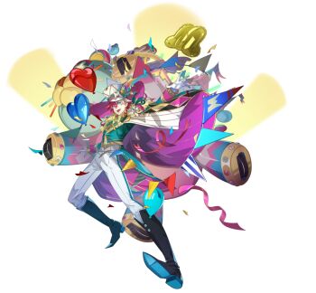 Rule 34 | 1boy, aircraft, alpha transparency, artist request, balloon, black boots, blue eyes, blue gemstone, blue pupils, boots, bow, coattails, colored shoe soles, confetti, crossed bangs, don mana, embroidery, feathers, full body, gem, gloves, green feathers, green jacket, green sleeves, hair between eyes, hat, heart balloon, jacket, knee boots, lapels, long sleeves, looking at viewer, male focus, multicolored hair, nexon, notched lapels, official art, open mouth, pants, pennant, pinstripe bow, red feathers, red hair, ribbon, second-party source, solo, star ornament, striped bow, tachi-e, tales weaver, tales weaver: second run, teeth, tongue, top hat, transparent background, two-sided fabric, two-sided headwear, two-sided jacket, two-tone hair, upper teeth only, wheel, white gloves, white hair, white hat, white pants, white ribbon, yellow bow