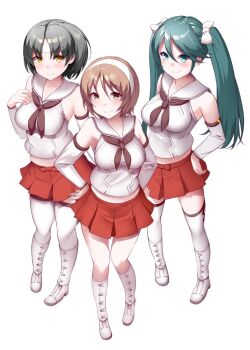 3girls blue_eyes blue_hair blush boots breasts brown_eyes brown_hair brown_neckerchief detached_sleeves full_body green_eyes hair_ribbon hairband isuzu_(kancolle) isuzu_kai_ni_(kancolle) kantai_collection kirigakure_(kirigakure_tantei_jimusho) large_breasts long_hair looking_at_viewer matching_outfits multiple_girls nagara_(kancolle) natori_(kancolle) navel neckerchief one_side_up original_remodel_(kantai_collection) pleated_skirt red_skirt ribbon sailor_collar school_uniform serafuku shirt shoes short_hair skirt sleeveless sleeveless_shirt smile thighhighs twintails white_background white_footwear white_hairband white_ribbon white_sailor_collar white_shirt white_thighhighs