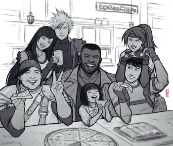 3girls 4boys adoptive_parent_and_adoptive_child armor bare_shoulders barret_wallace biggs_(ff7) cloud_strife commentary cup dark-skinned_male dark_skin eating elbow_rest english_commentary facial_scar facing_viewer final_fantasy final_fantasy_vii final_fantasy_vii_remake fingerless_gloves food gloves greyscale hand_on_another&#039;s_shoulder high_ponytail holding holding_cup holding_food holding_pizza indoors jen_bartel jessie_rasberry long_hair looking_at_viewer marlene_wallace monochrome multiple_boys multiple_girls open_mouth parted_lips pizza pizza_slice ponytail ribbed_sweater scar scar_on_cheek scar_on_face shirt short_hair shoulder_armor sitting sleeveless sleeveless_turtleneck smile spiked_hair standing suspenders sweater table tank_top tifa_lockhart turtleneck turtleneck_sweater upper_body v wedge_(ff7) white_tank_top