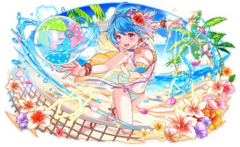ahoge amulet anklet aqua_bikini aqua_hair artist_request ball bare_arms bare_legs bare_shoulders barefoot beach beachball beads bikini blue_choker blue_flower blue_hairband blue_outline blue_sky breasts cel_shading choker clam_shell_ornament cleavage cloud coat coral_earrings coral_hair_ornament crash_fever day fingernails flower full-length_zipper full_body game_cg hair_flower hair_ornament hairband hibiscus hood hooded_coat island jewelry leaf leg_up light_rays medium_breasts number_print numbered ocean official_art outdoors outline palm_leaf palm_tree pink_flower pink_petals playing_sports plumeria polka_dot purple_flower red_outline sand see-through_clothes see-through_coat see-through_hood sky sleeveless sleeveless_coat solo sparkle square square_print sunbeam sunlight swimsuit tachi-e third-party_source transparent_background tree two-tone_flower volleyball_net water_drop wristband yellow_flower zipper