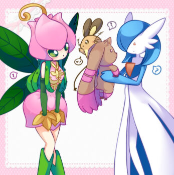 ? alternate_color blue_hair blue_skin bob_cut brown_fur colored_skin crossover dedenne digimon digimon_(creature) dress gardevoir gen_3_pokemon gen_6_pokemon green_eyes hair_over_one_eye highres holding_digimon lilimon lopmon loyaldis multicolored_skin nintendo pokemon pokemon_(creature) shiny_pokemon two-tone_skin white_dress white_skin wings
