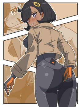 1girl ass black_hair breasts brown_jacket emma_(pokemon) from_behind hair_ornament highres jacket kanbei_(pixiv11037490) looking_at_viewer looking_back medium_breasts nintendo parted_lips pokemon pokemon_legends:_z-a purple_eyes short_hair side_ahoge solo zoom_layer