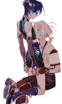 2boys antenna_hair arm_markings artist_name black_bridal_gauntlets black_gloves black_hair black_shirt black_shorts blunt_ends boots bridal_gauntlets crop_top cropped_legs doll_joints double-parted_bangs elbow_gloves enilehtnorevol eye_contact fingerless_gloves genshin_impact gloves hands_on_another&#039;s_thighs hashtag-only_commentary head_on_chest high-waist_shorts high_collar invisible_chair joints kaedehara_kazuha kneehighs kneeling looking_at_another low_ponytail midriff multiple_boys neon_lights pantyhose ponytail red_eyes red_gloves red_pantyhose scaramouche_(genshin_impact) shirt short_ponytail shorts simple_background sitting sleeveless sleeveless_shirt socks stirrup_footwear tassel wanderer_(genshin_impact) white_background white_hair white_shirt wolf_cut yaoi