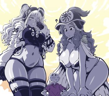 1boy 2girls aphelandra artist_self-insert bald bikini bikini_bottom_only blush_stickers breasts c: cape drooling freckles giant giantess hands_on_own_hips helmet highres hood hood_down hooded_jacket huge_breasts jacket large_breasts leaning_forward lewdamone lips long_hair long_sleeves looking_at_another mouth_drool multiple_girls navel nervous nervous_smile nervous_sweating one_eye_closed one_piece open_clothes open_jacket parted_lips rubbing_eyes shirt size_difference sleepy smile stomach sweat swimsuit thigh_strap vegapunk_york