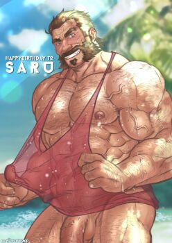 1boy abs arm_hair bara bare_pectorals blush bottomless brown_hair chest_hair clothes_pull facial_hair flaccid graves_(league_of_legends) hairy highres large_pectorals league_of_legends male_focus mature_male muscular muscular_male mutton_chops naked_shirt navel navel_hair nipples onionworkshop pectorals penis pink_tank_top pulling_own_clothes see-through_clothes shirt shirt_pull short_hair smirk solo tank_top thick_eyebrows thighs veins wet wet_clothes wet_shirt