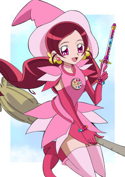 1girl :d absurdres bead_bracelet beads blue_background boots border bracelet broom broom_riding choker color_connection commentary company_connection cosplay creator_connection crossover dress earrings eighth_note elbow_gloves flower frilled_dress frilled_sleeves frills gloves hair_flower hair_ornament hair_scrunchie hanasaki_tsubomi hand_up harukaze_doremi harukaze_doremi_(cosplay) hat heartcatch_precure! highres holding holding_wand jewelry legs_up long_hair looking_at_viewer low_twintails magical_girl morishita_(moricuremori) musical_note ojamajo_doremi open_mouth outside_border parted_bangs peperuto_pollon pink_boots pink_choker pink_dress pink_eyes pink_gloves pink_hair pink_hat pink_thighhighs pointy_boots precure scrunchie short_dress short_sleeves smile solo sphere_earrings thighhighs toei_company training_tap twintails very_long_hair wand white_border witch witch_hat yellow_scrunchie zettai_ryouiki