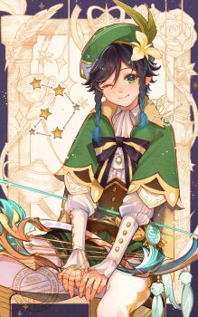 1boy absurdres bard bow braid commentary_request constellation feathers genshin_impact green_eyes hat hat_feather highres long_sleeves looking_at_viewer misoshiru_umai4 multicolored_hair one_eye_closed red_hat smile solo solo_focus star_(symbol) twin_braids venti_(genshin_impact)