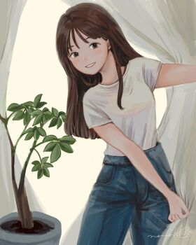 Rule 34 | 1girl, blue pants, brown hair, choppy bangs, cowboy shot, curtains, denim, grey eyes, grin, highres, jeans, long hair, looking at viewer, nena labo, original, pants, plant, potted plant, shirt, shirt tucked in, short sleeves, signature, smile, solo, standing, straight hair, t-shirt, white background, white shirt