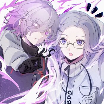 2boys :o aotsuki_eito arm_around_shoulder black_gloves black_jacket breast_pocket commentary drawstring eyes_visible_through_hair fire flaming_eye gakuran glasses gloves grey_hair hair_over_one_eye heterochromia highres jacket looking_at_viewer male_focus mero_(merope_hika) multiple_boys parted_lips pink_eyes pink_fire pocket purple_eyes school_uniform shion_(hundred_line) short_hair smile symbol-only_commentary the_hundred_line_-last_defense_academy- white_eyes white_jacket