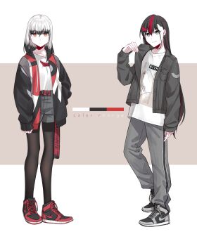 Rule 34 | 2girls, belt, black hair, black jacket, black pantyhose, blunt bangs, casual, closed mouth, collarbone, colored tips, commentary request, english text, full body, grey eyes, grey jacket, grey pants, grey shoes, grey shorts, hand in pocket, highres, inago akira, jacket, jouhou, long hair, long sleeves, looking at viewer, medium hair, multicolored hair, multiple girls, nike (company), off-white (brand), open clothes, open jacket, orange eyes, pants, pantyhose, print shirt, red belt, red hair, red shoes, satsuki yomi, shirt, shoes, shorts, simple background, smile, sneakers, standing, standing on one leg, streaked hair, toji no miko, two-tone hair, white shirt