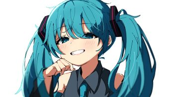 1girl absurdres aqua_eyes aqua_hair aqua_necktie auhuheben17 bare_shoulders black_skirt black_sleeves detached_sleeves grey_shirt grin hair_between_eyes hair_ornament hatsune_miku highres necktie portrait shirt skirt sleeveless sleeveless_shirt smile solo twintails vocaloid