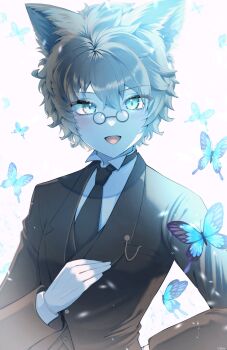 Rule 34 | 1girl, androgynous, animal ears, aqua eyes, arm behind back, black hair, black jacket, black necktie, blue butterfly, blue skin, bug, butterfly, colored skin, commentary request, dragon quest, dragon quest x, fake animal ears, flat chest, formal clothes, glasses, hand on own chest, highres, insect, jacket, looking at viewer, necktie, nikon (user aznh7528), open mouth, pince-nez, shirt, short hair, solo, upper body, weddie (dq10), white background, white shirt, wig, wolf ears