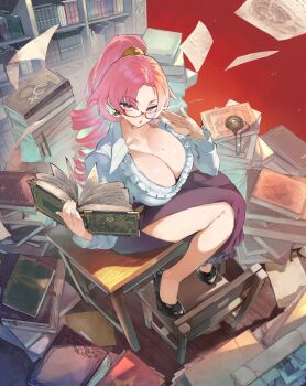 1girl adjusting_eyewear black_skirt book book_stack bookshelf breasts chair cleavage desk drill_hair drill_ponytail feet_on_chair glasses hand_on_eyewear highres holding holding_book huge_breasts hyocorou lens_flare long_skirt long_sleeves looking_at_viewer low_neckline mole on_desk pile_of_books pink_hair ponytail shirt side_slit sitting skirt solo white_shirt