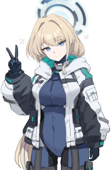 Rule 34 | 1girl, absurdres, alternate costume, blonde hair, blue archive, blue bodysuit, blue hair, blue halo, bodysuit, closed mouth, commentary, gabang, halo, highres, hood, hooded jacket, jacket, long hair, looking at viewer, multicolored hair, smile, solo, standing, star (symbol), toki (blue archive), two-tone hair, v, white jacket