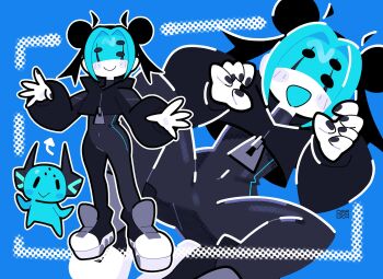 androgynous black_bodysuit black_hair black_hoodie black_nails blue_hair bodysuit bourbunbun colored_mouth colored_skin covered_eyes creature hair_bun hair_ornament hairclip highres hood hoodie mascot multicolored_hair original shoes sneakers two-tone_hair white_skin zipper