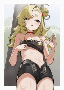 1girl absurdres bare_shoulders black_shorts blonde_hair blush choker collarbone flat_chest green_eyes highres hot huge_filesize loli long_hair midriff motion_lines navel open_fly open_mouth piper_wheel red_choker senapops shorts solo standing sweat thick_eyebrows thighs zenless_zone_zero
