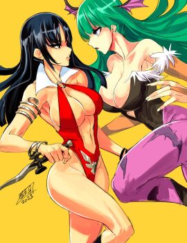 2girls anchet7 angry animal_print aqua_hair armlet bare_legs bare_shoulders bat_print bat_wings black_eyes black_hair blue_eyes bracelet breasts cleavage clothing_cutout collarbone commentary crossover dagger darkstalkers demon_girl detached_collar english_commentary eye_contact floating_hair flying from_side head_wings heart_cutout highleg highres holding holding_dagger holding_knife holding_weapon jewelry kneehighs knife large_breasts leg_up leotard lips long_hair looking_at_another monster_girl morrigan_aensland multiple_girls navel neck o-ring open_mouth pantyhose parted_lips print_pantyhose purple_pantyhose red_slingshot_swimsuit revealing_clothes signature simple_background slingshot_swimsuit socks straight_hair strapless strapless_leotard swimsuit vampirella vampirella_(character) weapon wings yellow_background