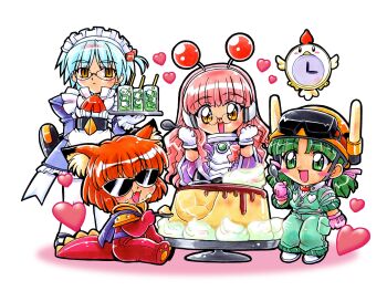 4girls absurdres ai_(g-on_riders) alien animal_ear_fluff animal_ears apron ascot black_pantyhose black_shoes blue_hair brooch cake_stand cat_ears cat_girl chibi chibi_only cloak clock closed_mouth commentary cube_hair_ornament cup dinosaur_costume dinosaur_tail dress drink drinking_glass drinking_straw eating fake_antennae fangs food food_on_face frilled_dress frills g-on_riders glasses gloves goggles goggles_on_headwear green_eyes green_hair green_jumpsuit hair_ornament hand_up hands_up happy hard_hat headphones heart helmet highball_glass highres holding holding_spoon holding_tray ice ice_cube icing jetpack jewelry juliet_sleeves jumpsuit kokomahi long_hair long_sleeves low_twintails maid maid_apron maid_headdress mako_(g-on_riders) medium_hair mini_eyewear multiple_girls open_mouth orange_hair oversized_food oversized_object pantyhose pao_(g-on_riders) pink_gloves pink_hair plate pudding puffy_sleeves purple_cloak red_ascot round_eyewear shoes short_hair short_twintails sitting smile spoon standing sunglasses tail tray twintails very_long_hair wall_clock white_apron white_gloves white_pantyhose yellow_eyes zero_(g-on_riders)