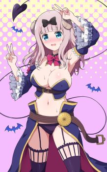 1girl :d absurdres arm_up armpits belt bikini black_bow blue_bikini blue_eyes blue_sleeves blue_thighhighs blunt_bangs blush bow bowtie breasts brown_belt cleavage commentary_request cosplay covered_erect_nipples cowboy_shot crisis_management_form_(machikado_mazoku) curled_horns demon_girl demon_horns demon_tail detached_collar detached_sleeves double_v eggman_(ni_tamagoex) frilled_sleeves frills fujiwara_chika garter_straps hair_bow hand_up highres horns kaguya-sama_wa_kokurasetai_~tensai-tachi_no_renai_zunousen~ kohara_konomi large_breasts large_variant_set long_hair looking_at_viewer machikado_mazoku navel notice_lines open_mouth pink_hair red_bow red_bowtie revealing_clothes showgirl_skirt smile solo star_(symbol) stomach strapless strapless_bikini swimsuit tail thighhighs v v_over_head variant_set voice_actor_connection waist_cape wide_sleeves yoshida_yuuko yoshida_yuuko_(cosplay)