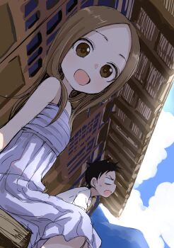 Rule 34 | 1boy, 1girl, :d, absurdres, bare shoulders, black hair, blue sky, brown eyes, brown hair, cloud, cloudy sky, commentary request, day, dress, dutch angle, forehead, highres, karakai jouzu no takagi-san, long hair, looking at viewer, looking to the side, mountain, nishikata, open mouth, outdoors, parted bangs, profile, shirt, short sleeves, sitting, sky, sleeveless, sleeveless dress, smile, sweat, takagi-san, v-shaped eyebrows, white dress, white shirt, yamamoto souichirou