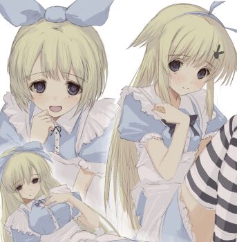 Rule 34 | 3girls, alice (black souls), apron, black bow, black bowtie, black souls, black souls 2, blonde hair, blue dress, bow, bow hairband, bowtie, collared dress, commentary, daughter alice (black souls), dress, hair bow, hairband, long hair, mother alice (black souls), multiple girls, numata eki, puffy short sleeves, puffy sleeves, short hair, short sleeves, simple background, sister alice (black souls), sketch, smile, striped clothes, striped thighhighs, thighhighs, white apron, white background