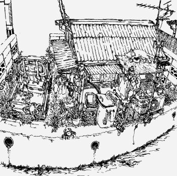 absurdly_detailed_composition animal basket building cat chair commentary_request complex_exterior crab fish_hook fisheye fishing_line greyscale highres kei_truck lineart monochrome motor_vehicle no_humans octopus ohasufishman original outdoors pickup_truck radio_antenna scenery sleeping_animal traditional_media truck unworn_clothes washing_machine