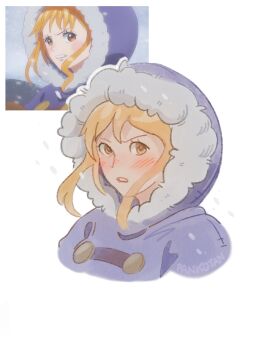 Rule 34 | 1girl, absurdres, anime screenshot inset, blush, coat, commentary, cropped torso, english commentary, fur-trimmed coat, fur trim, highres, hood, hooded coat, long hair, looking at viewer, nami (one piece), official alternate costume, one piece, orange eyes, orange hair, pank0tan, parted lips, portrait, purple coat, screenshot inset, sidelocks, snowing, solo, upper body, white background, winter clothes, winter coat